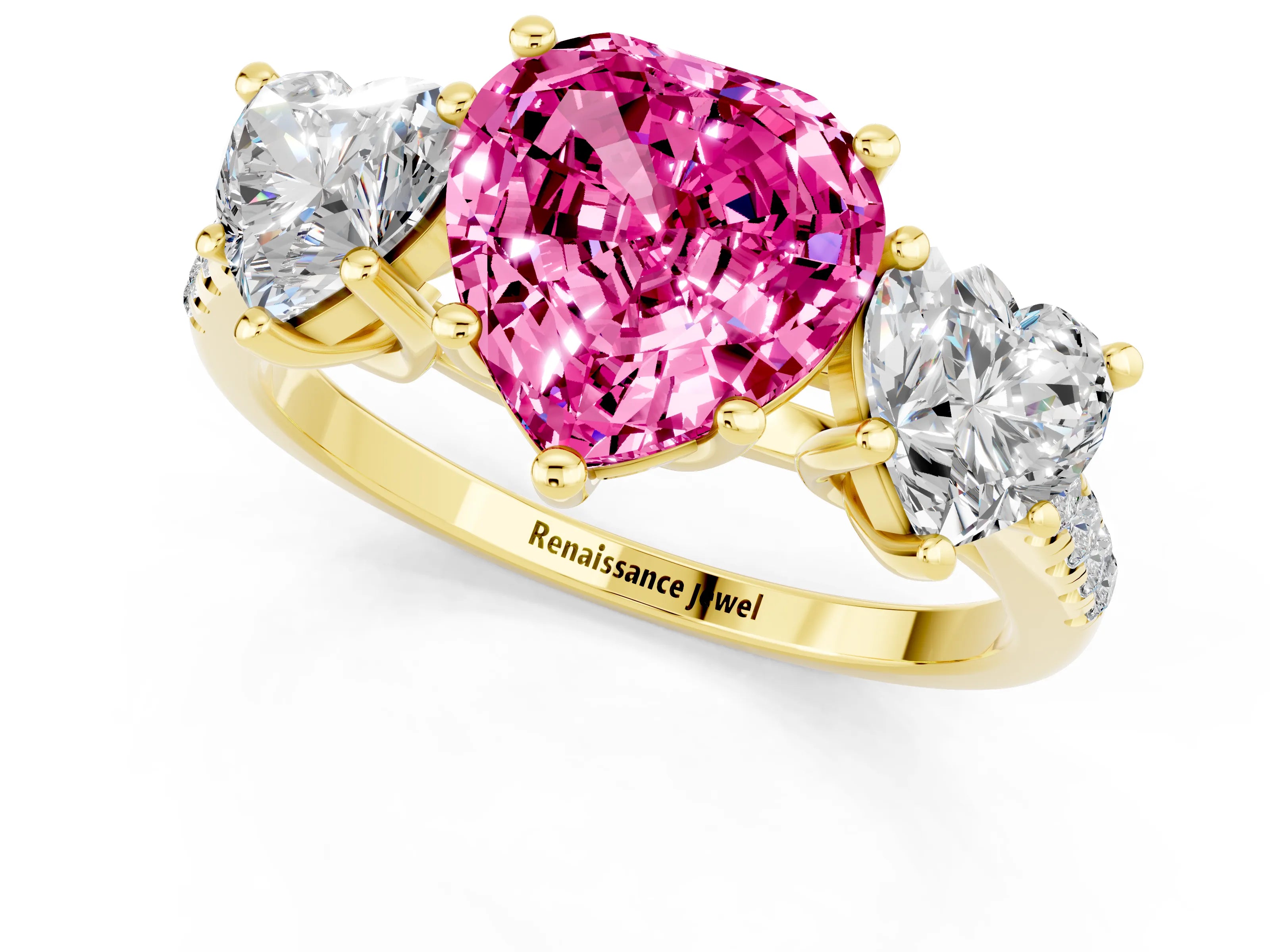 Yellow gold Three-Stone Heart Cut Pink Sapphire Ring with Pavé Band and Prong Setting_37