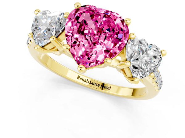Yellow gold Three-Stone Heart Cut Pink Sapphire Ring with Round  Pavé Band and Prong Setting