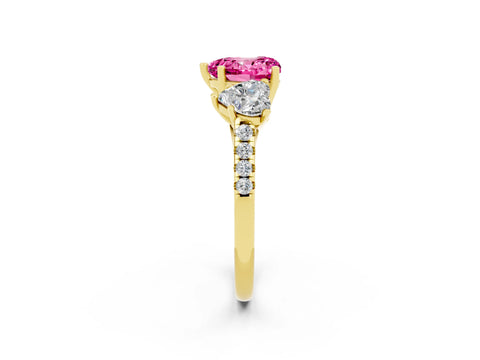Yellow gold Three-Stone Heart Cut Pink Sapphire Ring with Pavé Band and Prong Setting_38