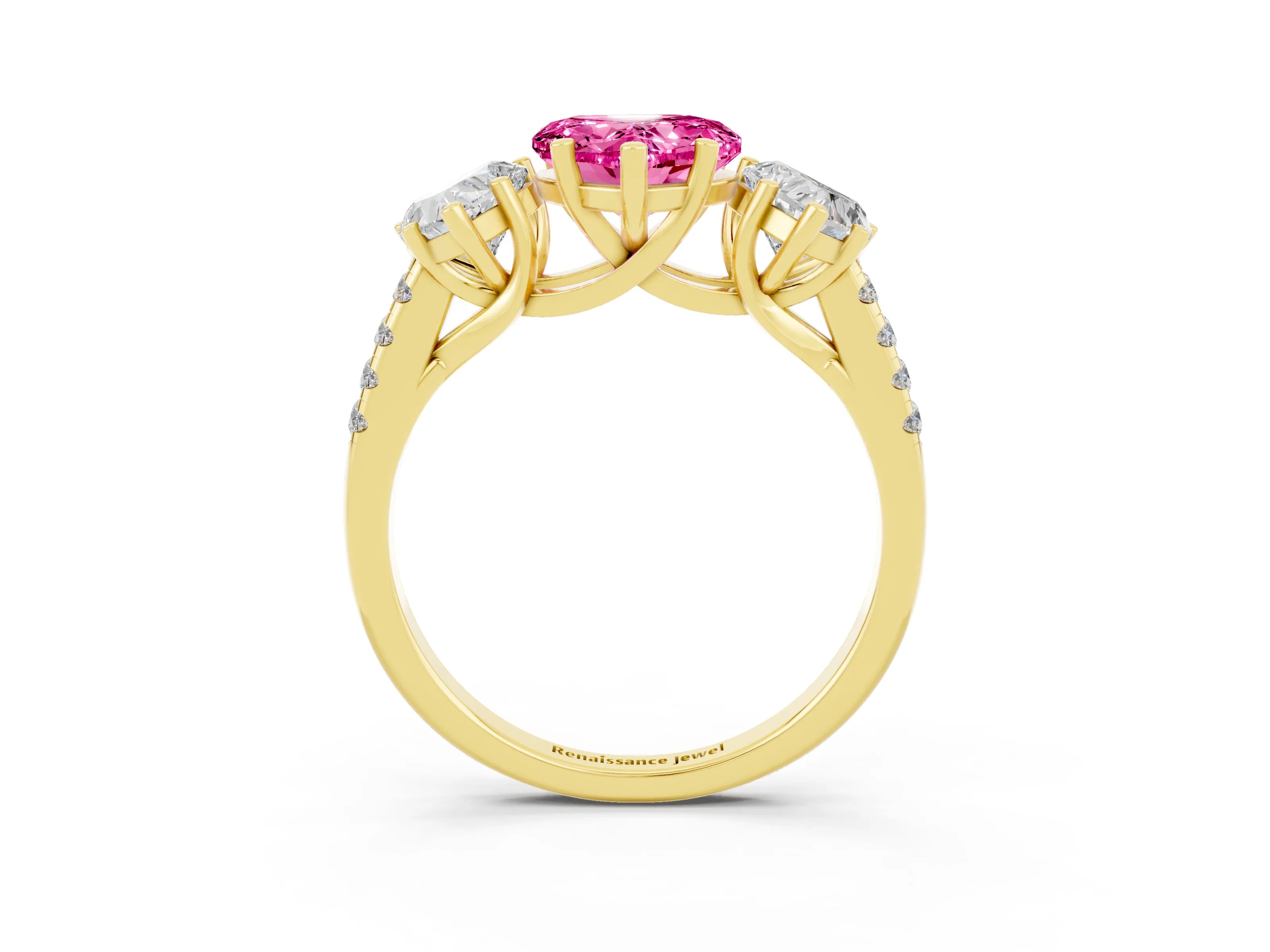 Yellow gold Three-Stone Heart Cut Pink Sapphire Ring with Pavé Band and Prong Setting_39
