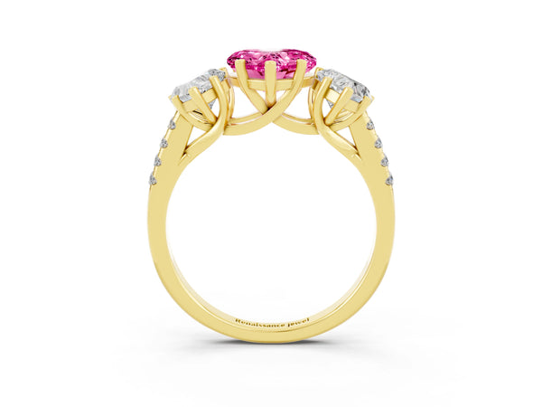 Yellow gold Three-Stone Heart Cut Pink Sapphire Ring with Round  Pavé Band and Prong Setting