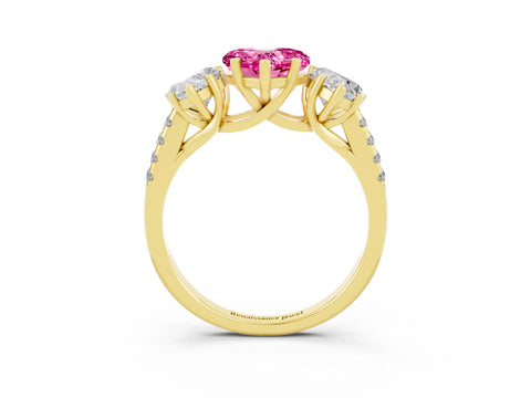 Yellow gold Three-Stone Heart Cut Pink Sapphire Ring with Pavé Band and Prong Setting_39
