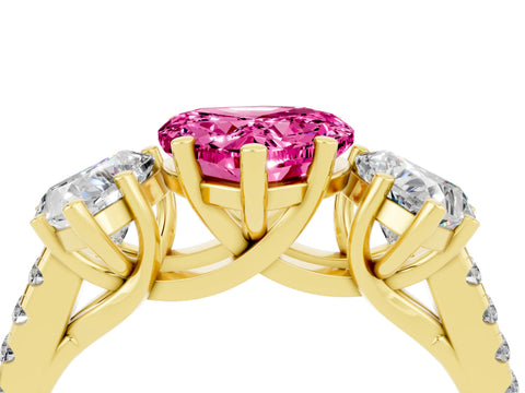 Yellow gold Three-Stone Heart Cut Pink Sapphire Ring with Pavé Band and Prong Setting_40