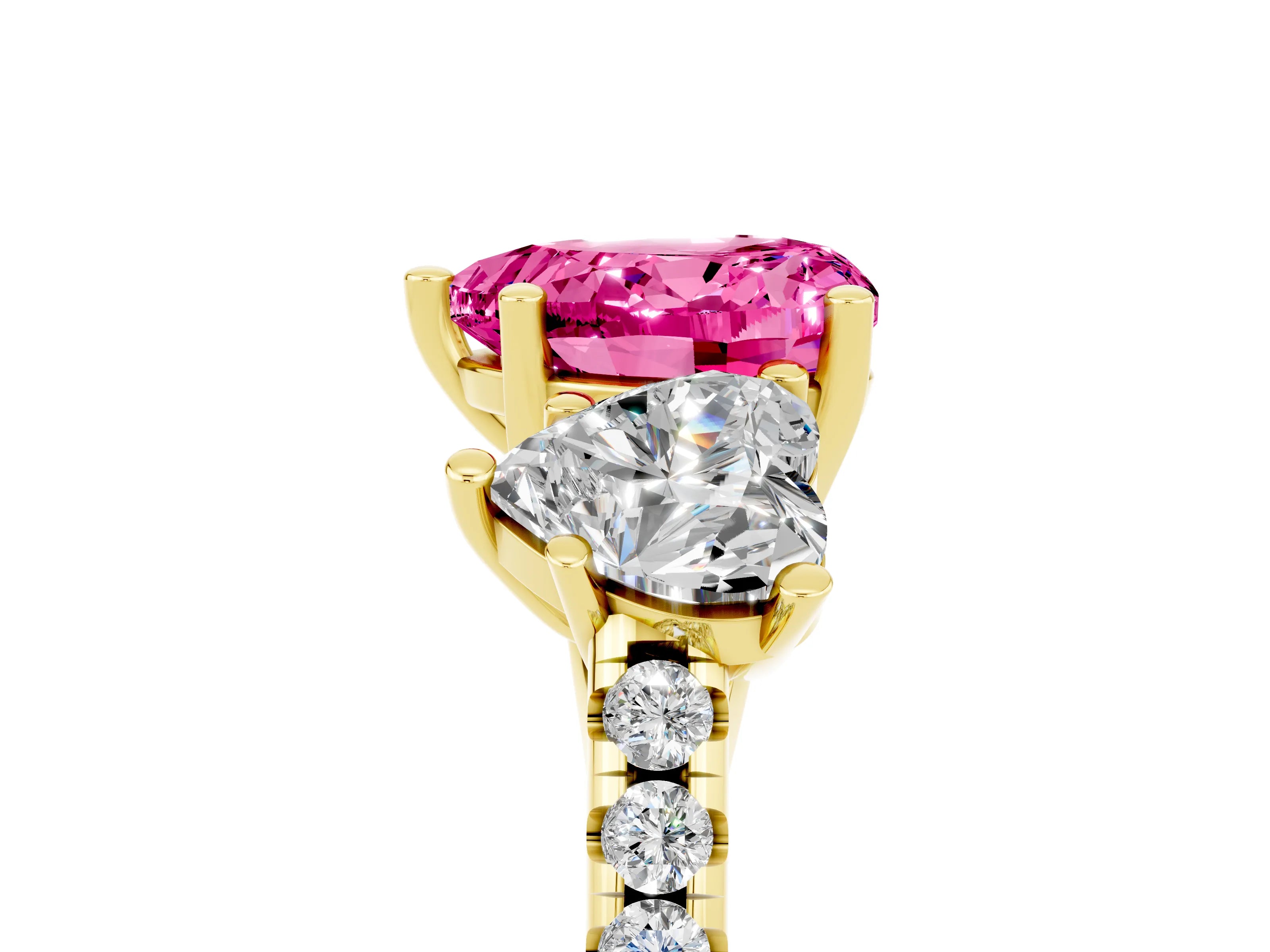 Yellow gold Three-Stone Heart Cut Pink Sapphire Ring with Pavé Band and Prong Setting_41