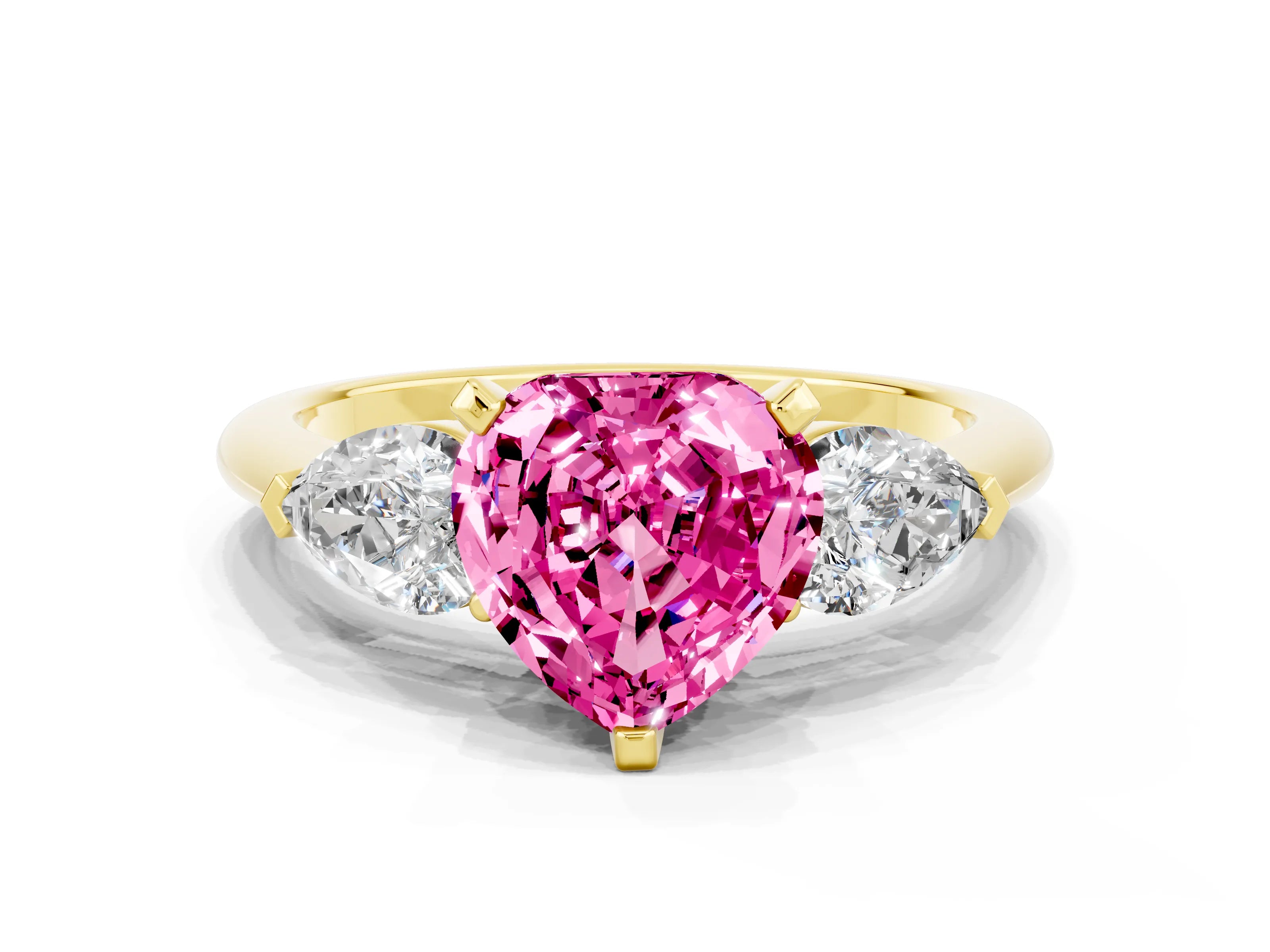 Yellow gold Three-Stone Heart Cut Pink Sapphire Ring with Pear Side Stones and Four-Prong Setting_24