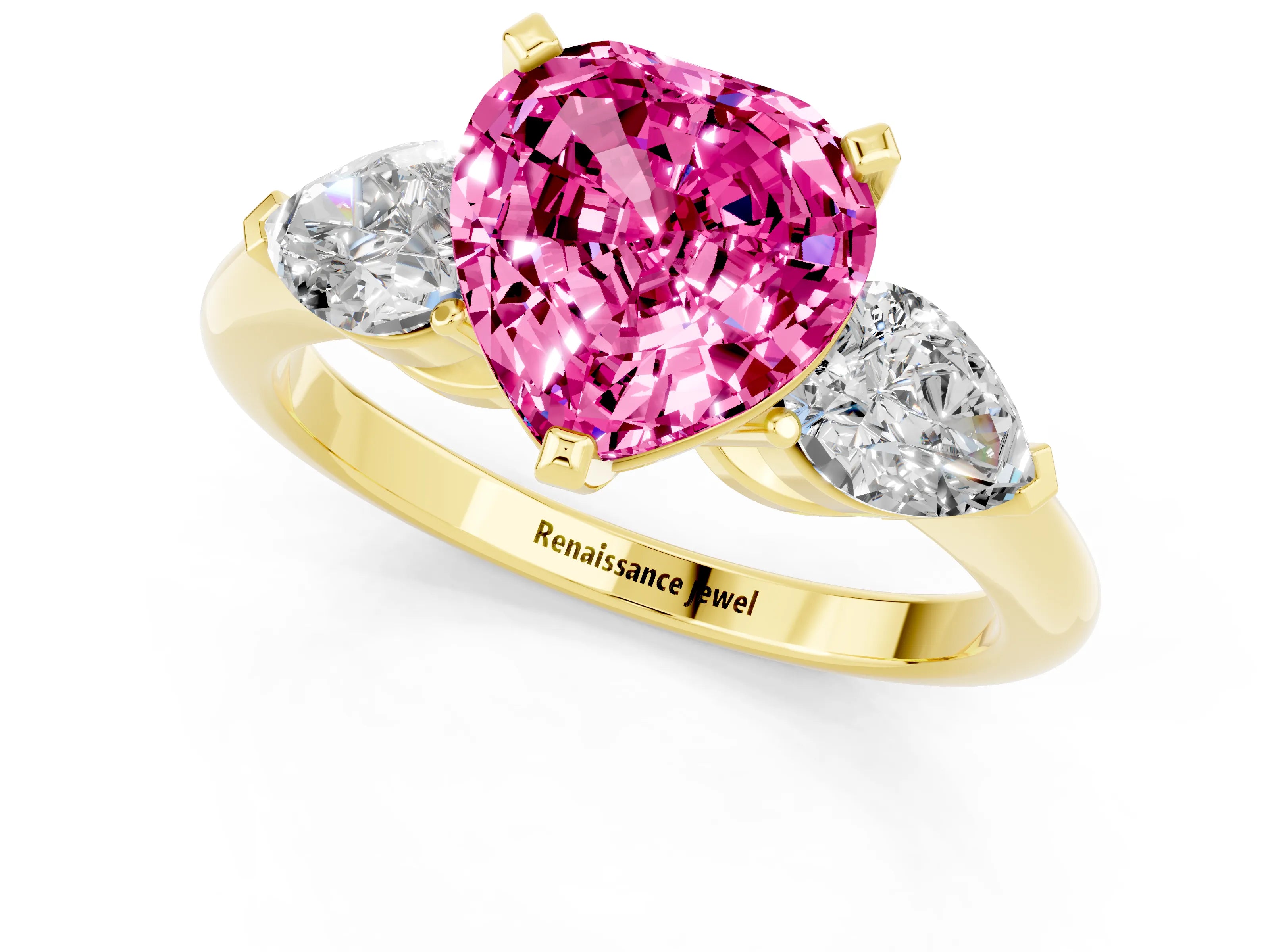 Yellow gold Three-Stone Heart Cut Pink Sapphire Ring with Pear Side Stones and Four-Prong Setting_25