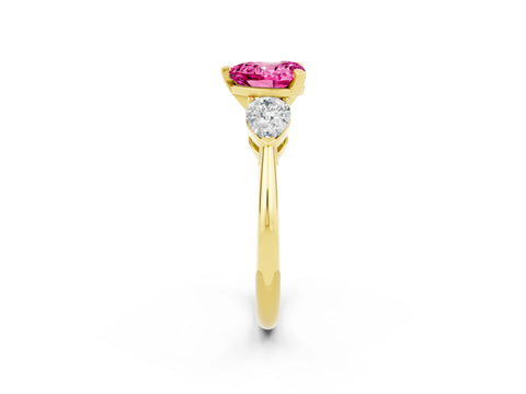 Yellow gold Three-Stone Heart Cut Pink Sapphire Ring with Pear Side Stones and Four-Prong Setting_26