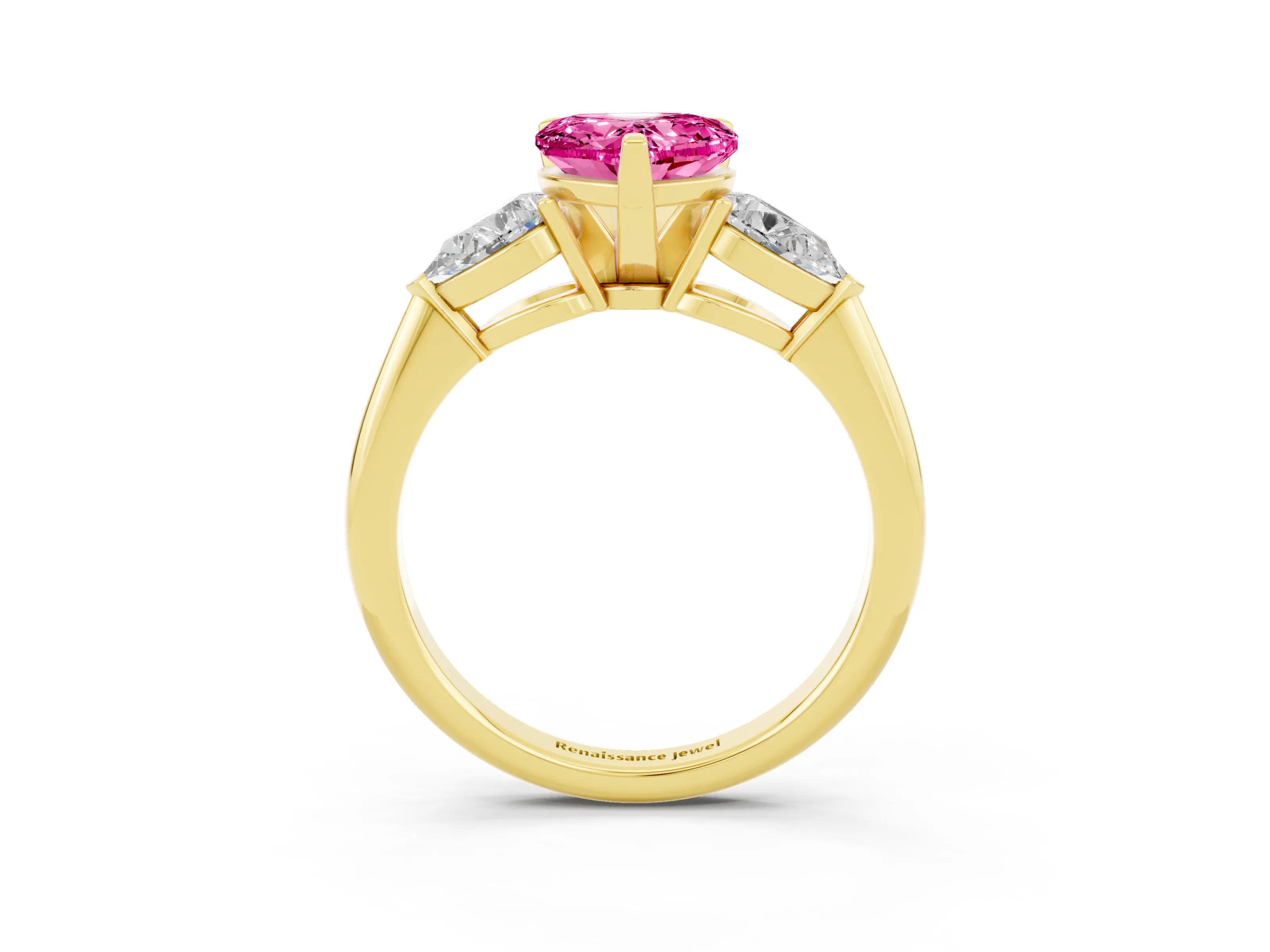 Yellow gold Three-Stone Heart Cut Pink Sapphire Ring with Pear Side Stones and Four-Prong Setting_27