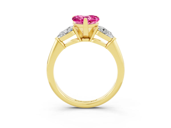 Yellow gold Three-Stone Heart Cut Pink Sapphire Ring with Pear Side Stones and Four-Prong Setting
