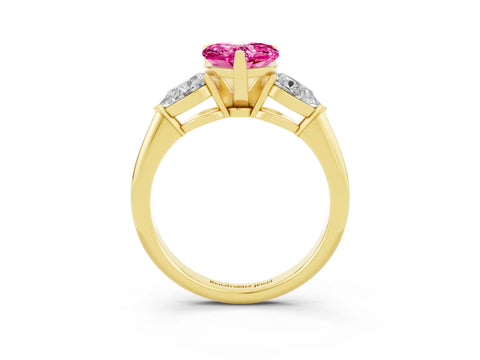 Yellow gold Three-Stone Heart Cut Pink Sapphire Ring with Pear Side Stones and Four-Prong Setting_27