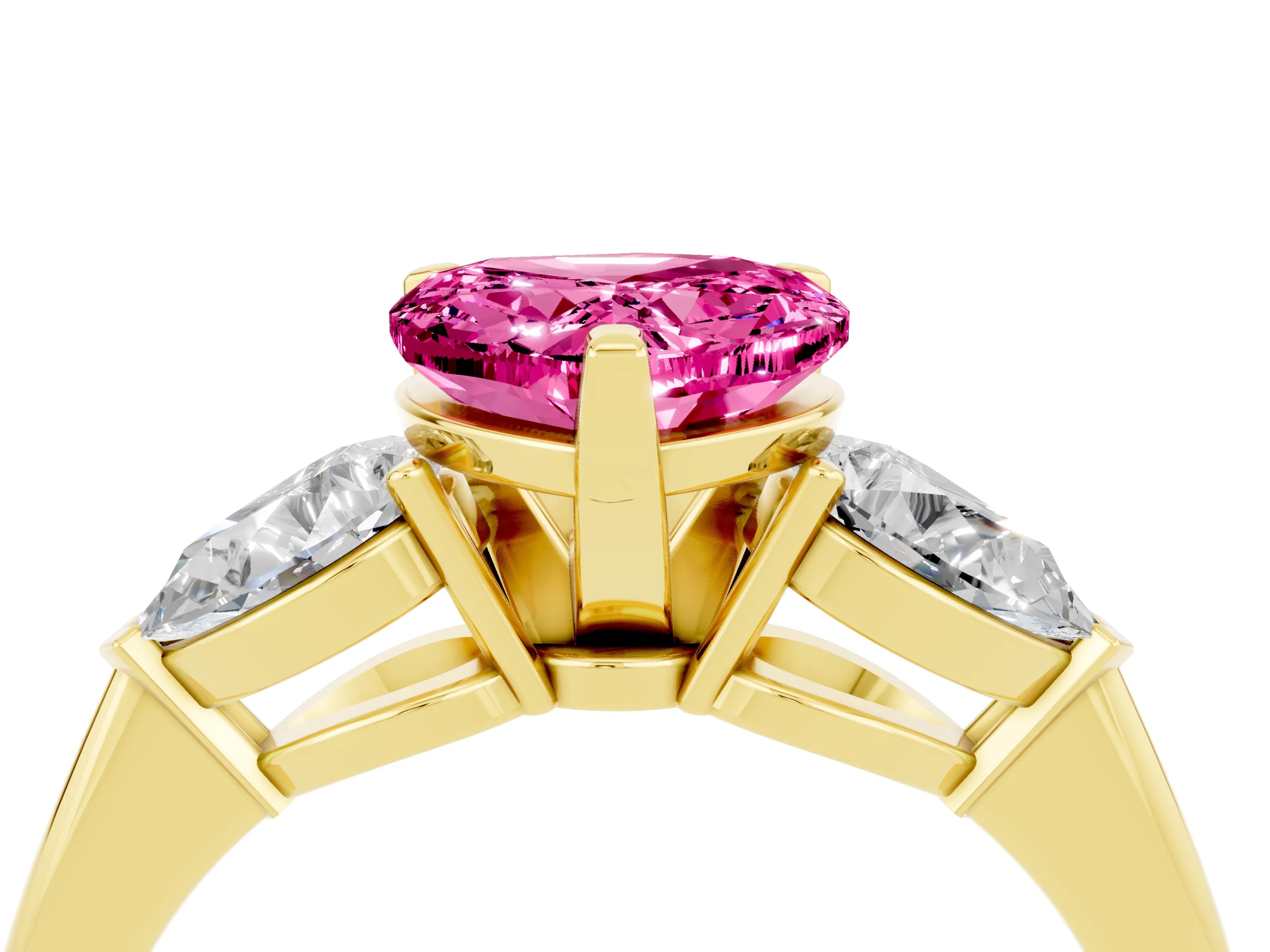 Yellow gold Three-Stone Heart Cut Pink Sapphire Ring with Pear Side Stones and Four-Prong Setting_28