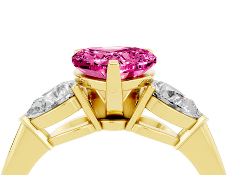 Yellow gold Three-Stone Heart Cut Pink Sapphire Ring with Pear Side Stones and Four-Prong Setting_28