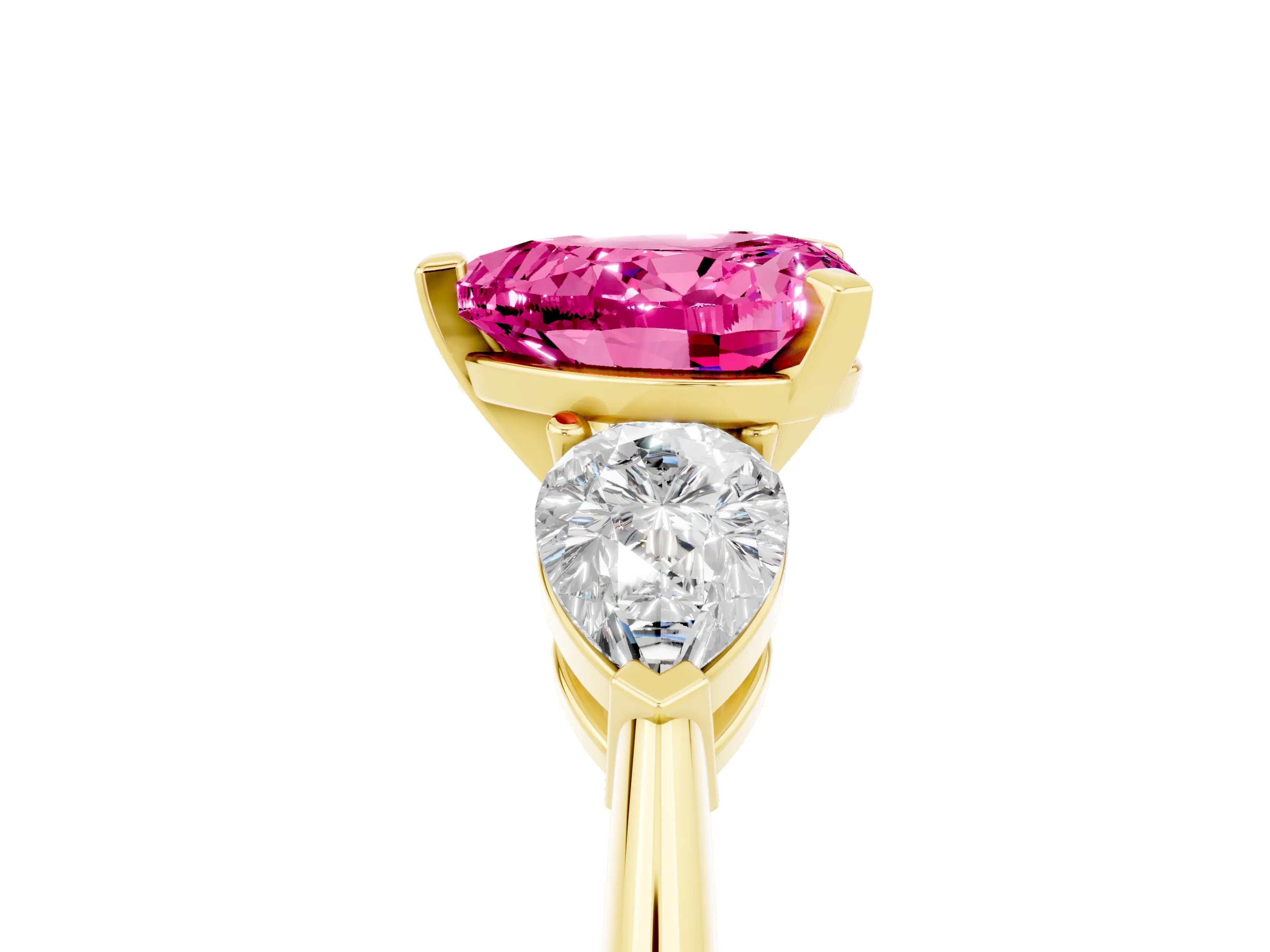 Yellow gold Three-Stone Heart Cut Pink Sapphire Ring with Pear Side Stones and Four-Prong Setting_29