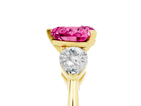 Yellow gold Three-Stone Heart Cut Pink Sapphire Ring with Pear Side Stones and Four-Prong Setting_29