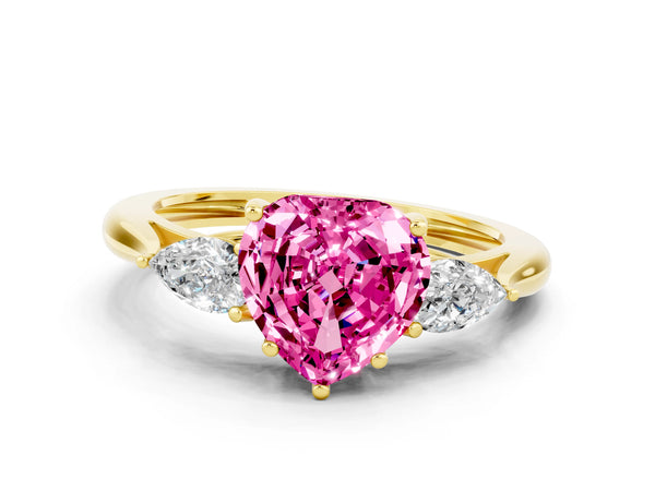 Yellow Gold Heart-Shaped Lab-Grown Pink Sapphire Three Stone Engagement Ring with Pear Side Stones and Thin Band
