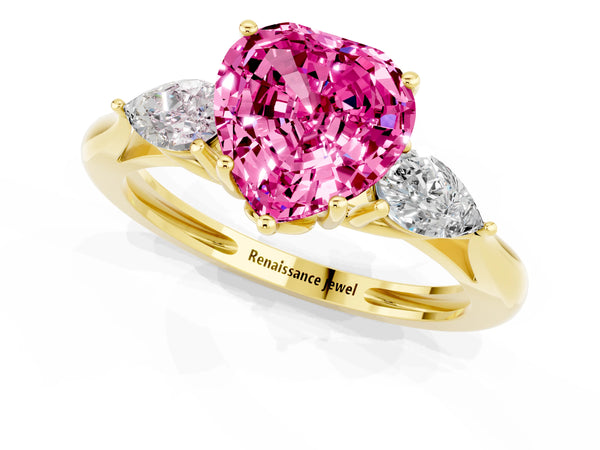 Yellow Gold Heart-Shaped Lab-Grown Pink Sapphire Three Stone Engagement Ring with Pear Side Stones and Thin Band