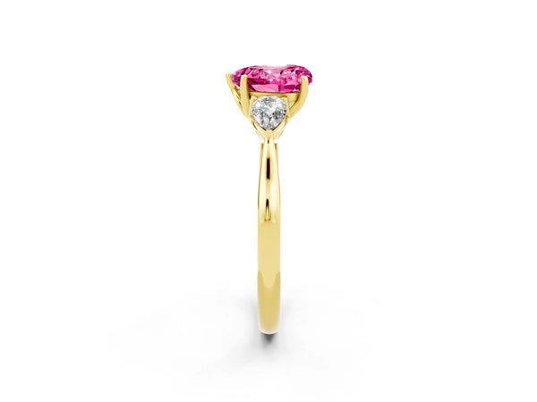 Yellow Gold Heart-Shaped Lab-Grown Pink Sapphire Three Stone Engagement Ring with Pear Side Stones and Thin Band