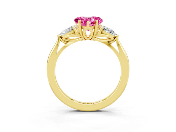Yellow Gold Heart-Shaped Lab-Grown Pink Sapphire Three Stone Engagement Ring with Pear Side Stones and Thin Band