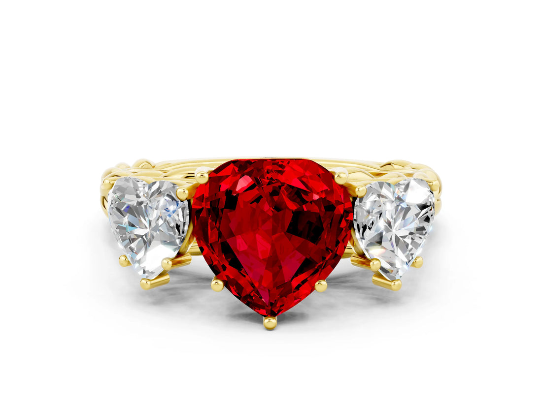 Yellow gold Three-Stone Heart Cut Ruby Braided Band Ring with Four-Prong Setting_12