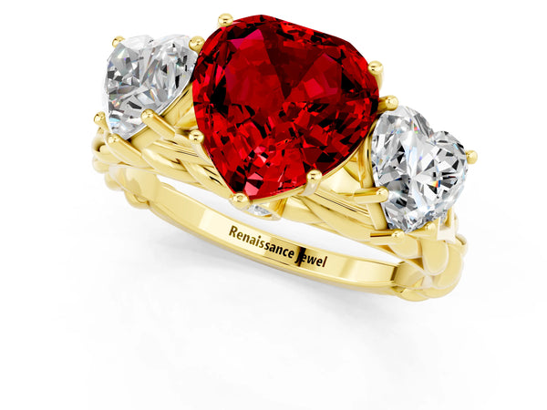 Yellow gold Three-Stone Heart Cut Ruby Braided Band Ring with Four-Prong Setting
