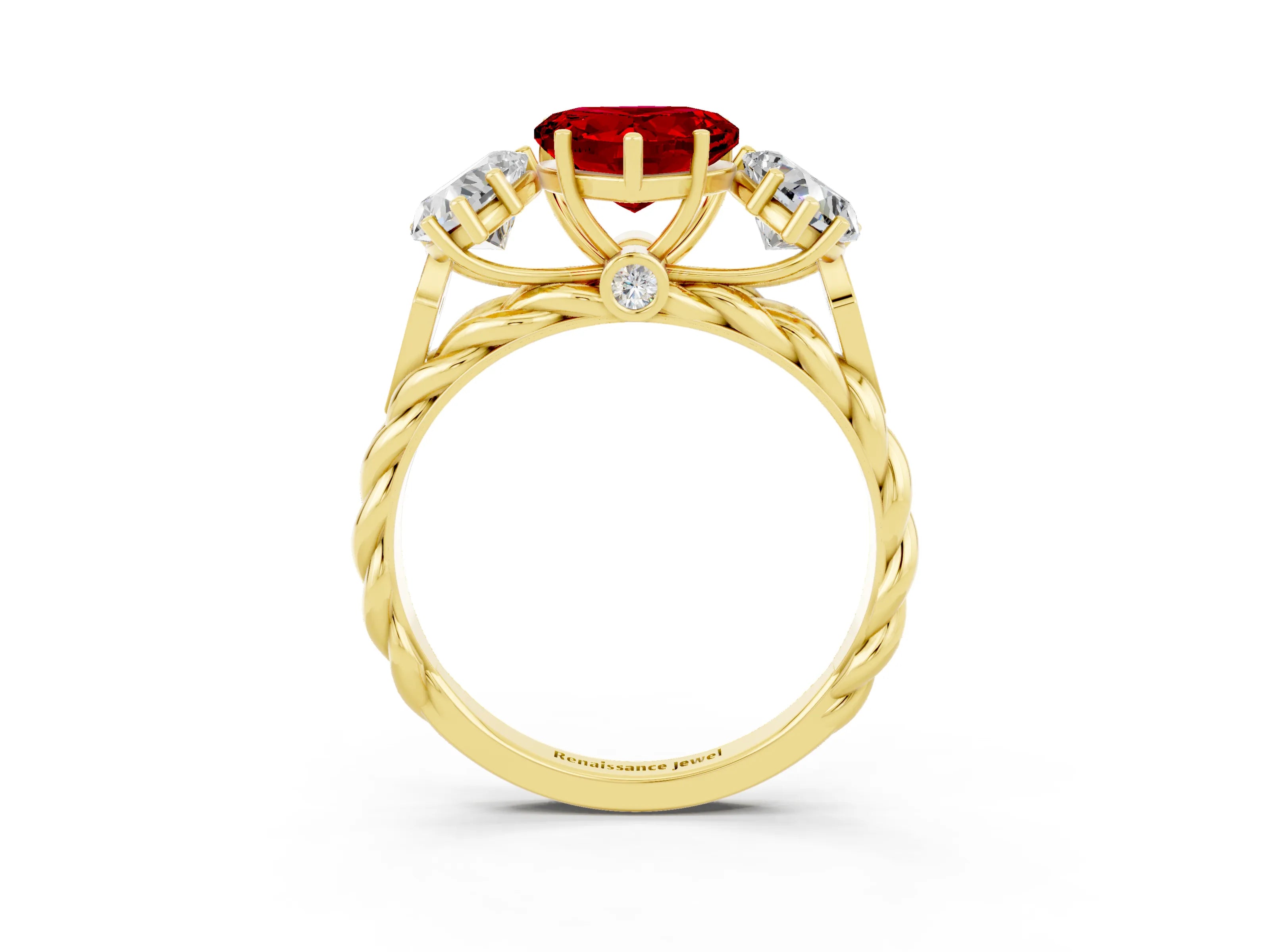 Yellow gold Three-Stone Heart Cut Ruby Braided Band Ring with Four-Prong Setting_15
