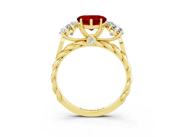 Yellow gold Three-Stone Heart Cut Ruby Braided Band Ring with Four-Prong Setting