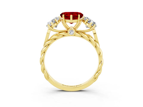 Yellow gold Three-Stone Heart Cut Ruby Braided Band Ring with Four-Prong Setting_15