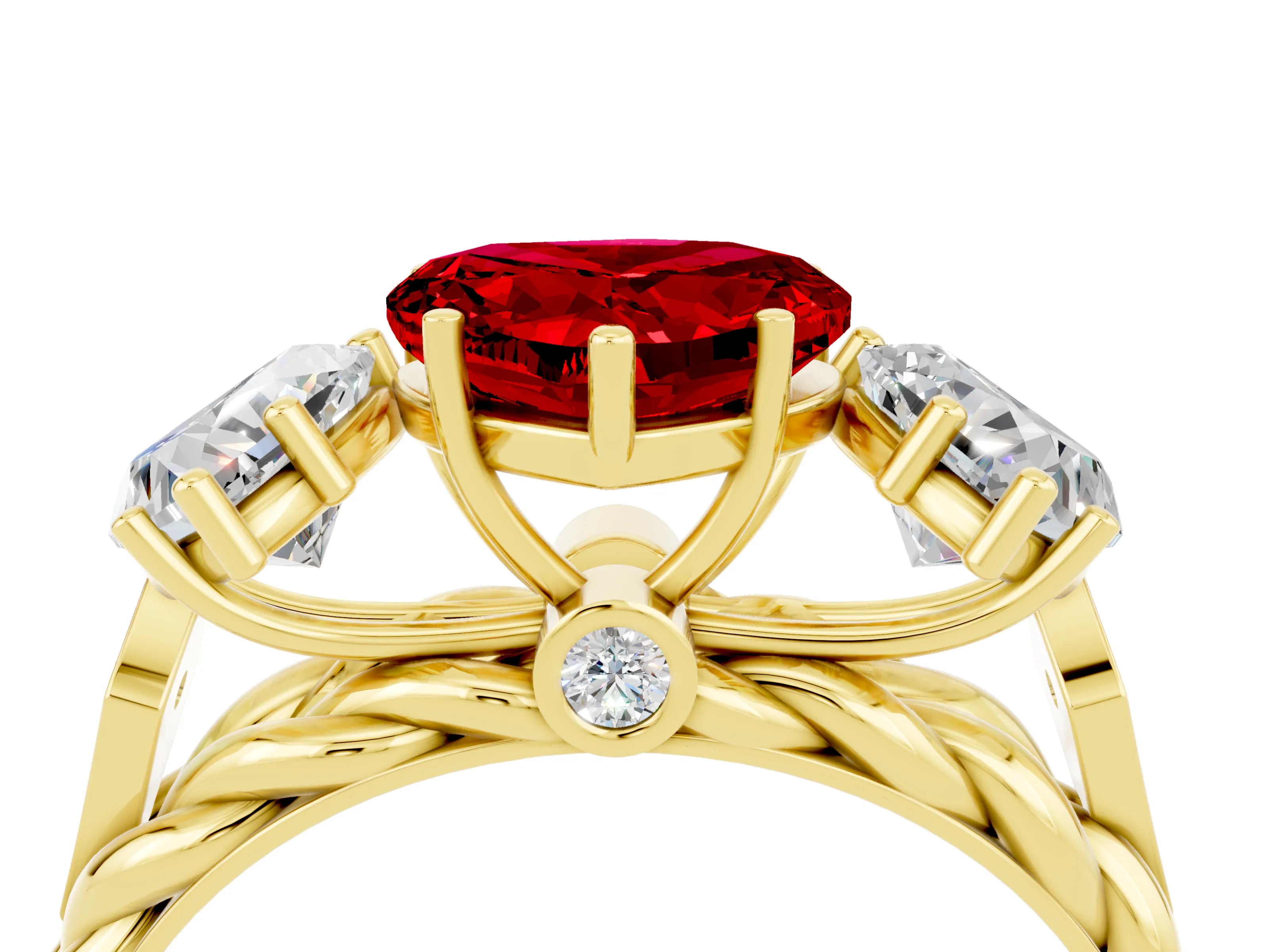 Yellow gold Three-Stone Heart Cut Ruby Braided Band Ring with Four-Prong Setting_16