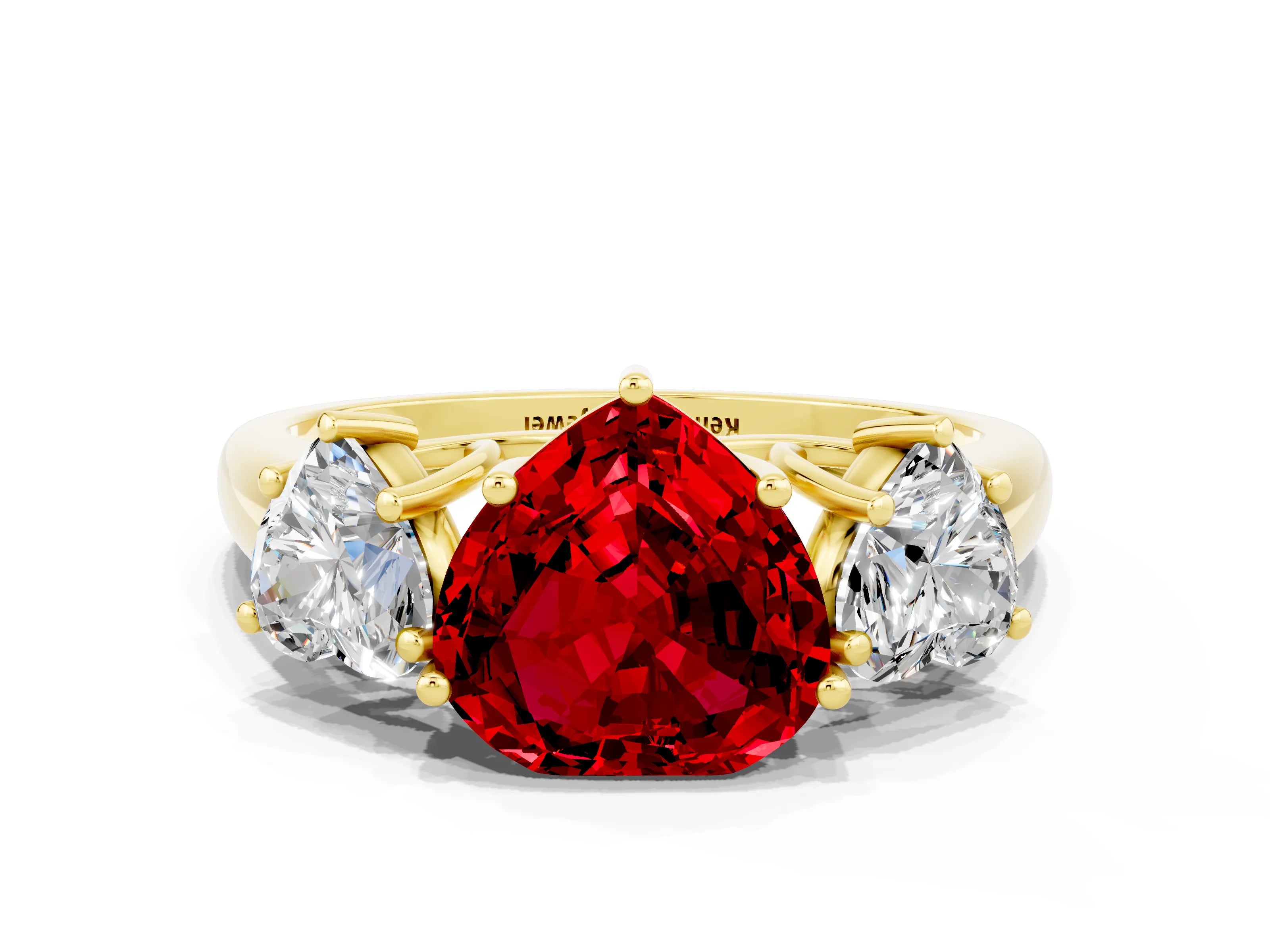 Yellow gold Three-Stone Heart Cut Ruby Engagement Ring with Prong Setting