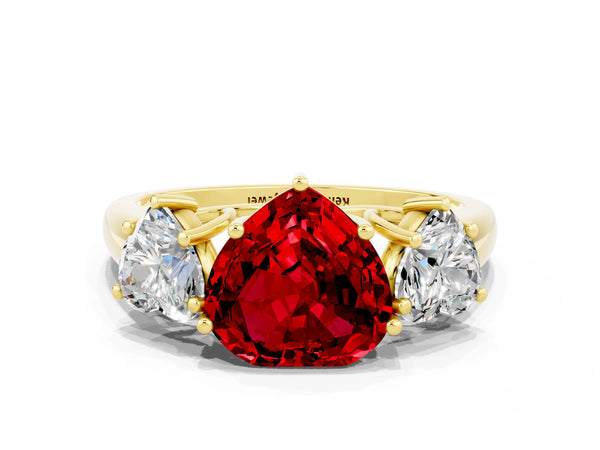 Yellow gold Three-Stone Heart Cut Ruby Engagement Ring with Prong Setting