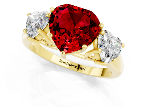 Yellow gold Three-Stone Heart Cut Ruby Engagement Ring with Prong Setting_1