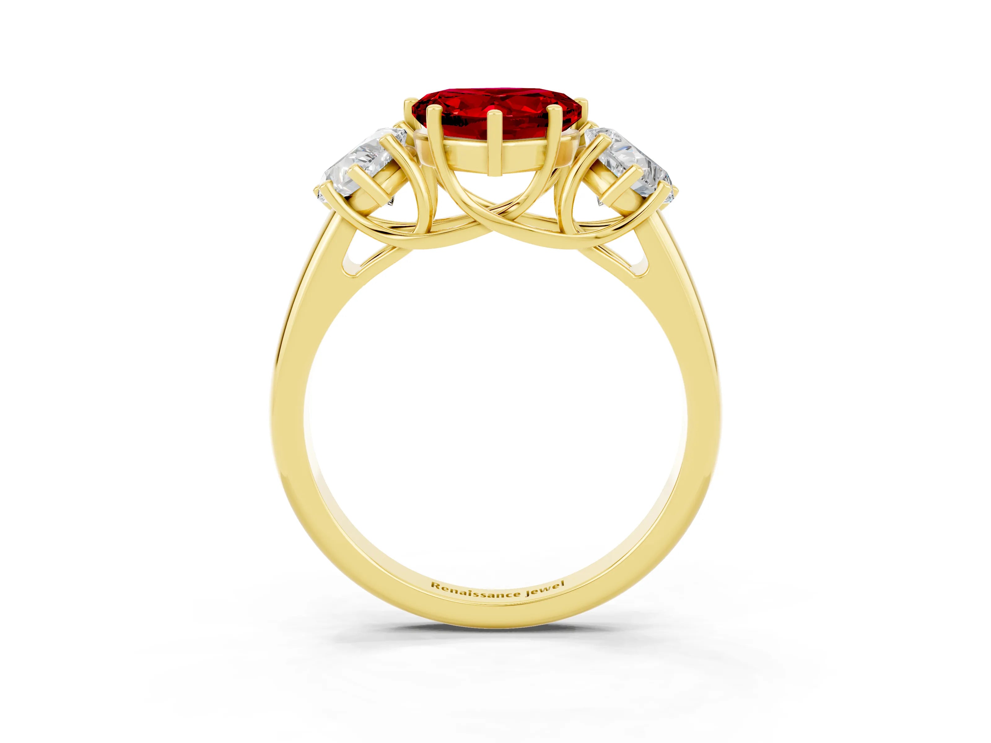 Yellow gold Three-Stone Heart Cut Ruby Engagement Ring with Prong Setting_3
