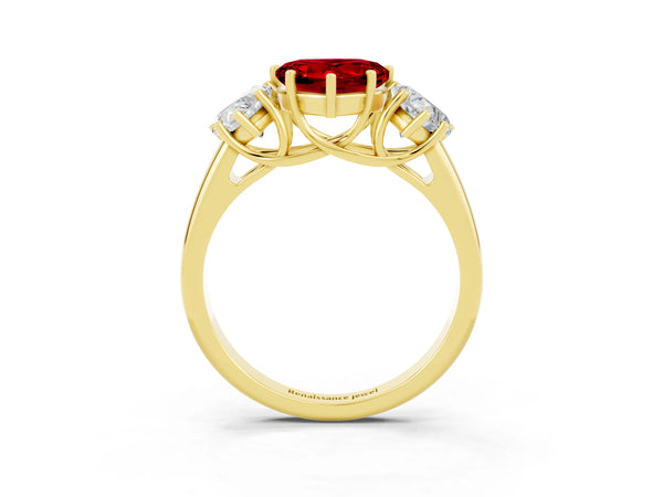 Yellow gold Three-Stone Heart Cut Ruby Engagement Ring with Prong Setting