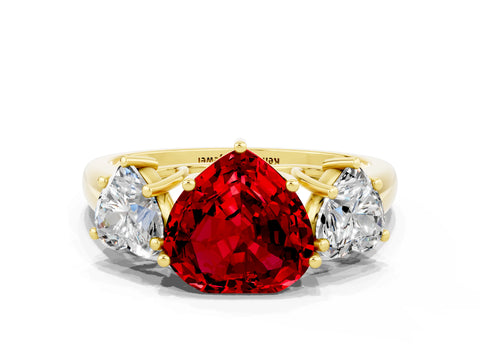 Yellow gold Three-Stone Heart Cut Ruby Engagement Ring with Prong Setting