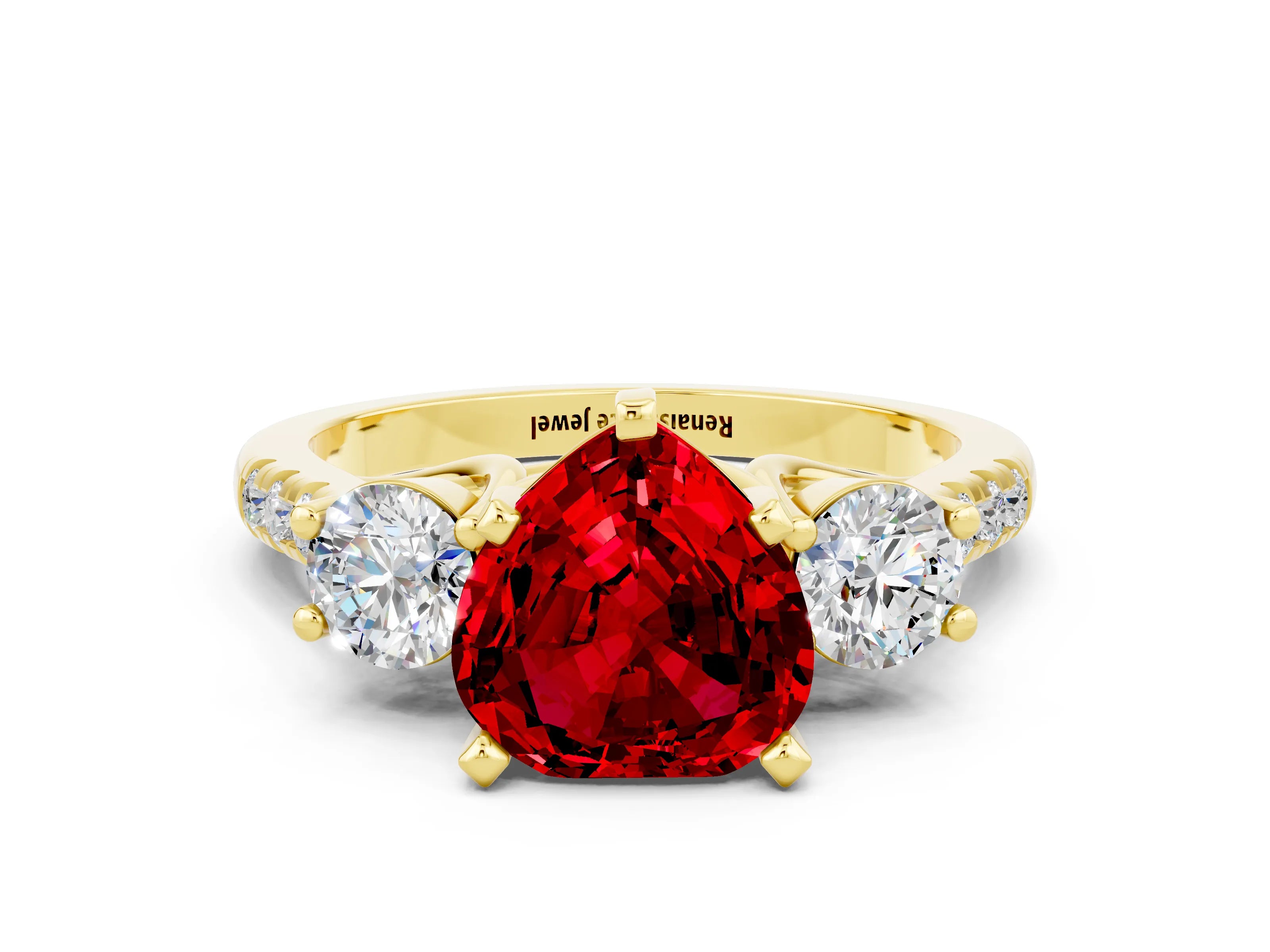 Yellow gold Three-Stone Heart Cut Ruby Pavé Band with Four-Prong Setting