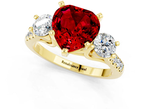 Yellow gold Three-Stone Heart Cut Ruby Pavé Band with Four-Prong Setting_1