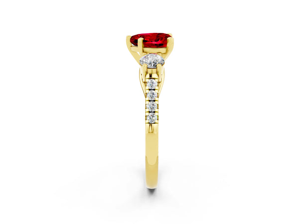 Yellow gold Three-Stone Heart Cut Ruby Pavé Band with Four-Prong Setting