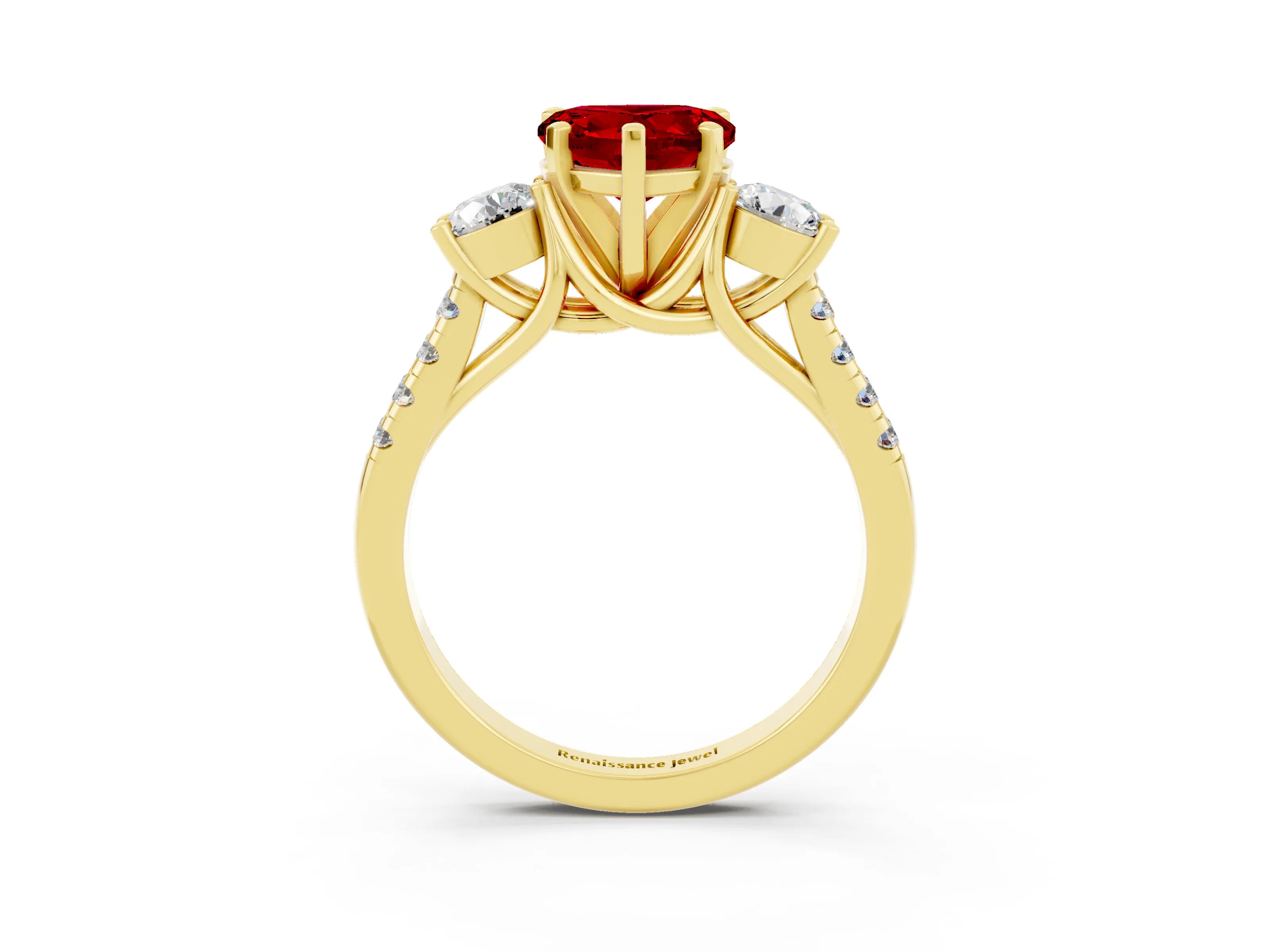 Yellow gold Three-Stone Heart Cut Ruby Pavé Band with Four-Prong Setting_3