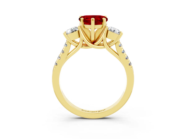 Yellow gold Three-Stone Heart Cut Ruby Pavé Band with Four-Prong Setting
