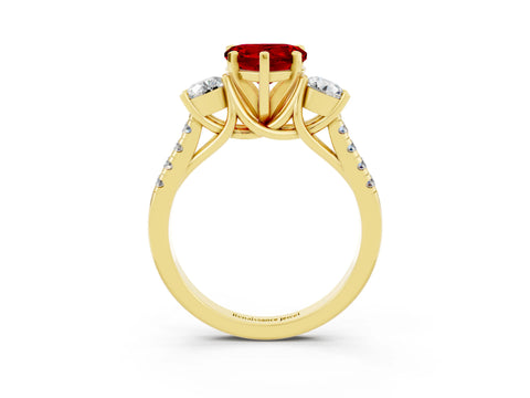Yellow gold Three-Stone Heart Cut Ruby Pavé Band with Four-Prong Setting_3