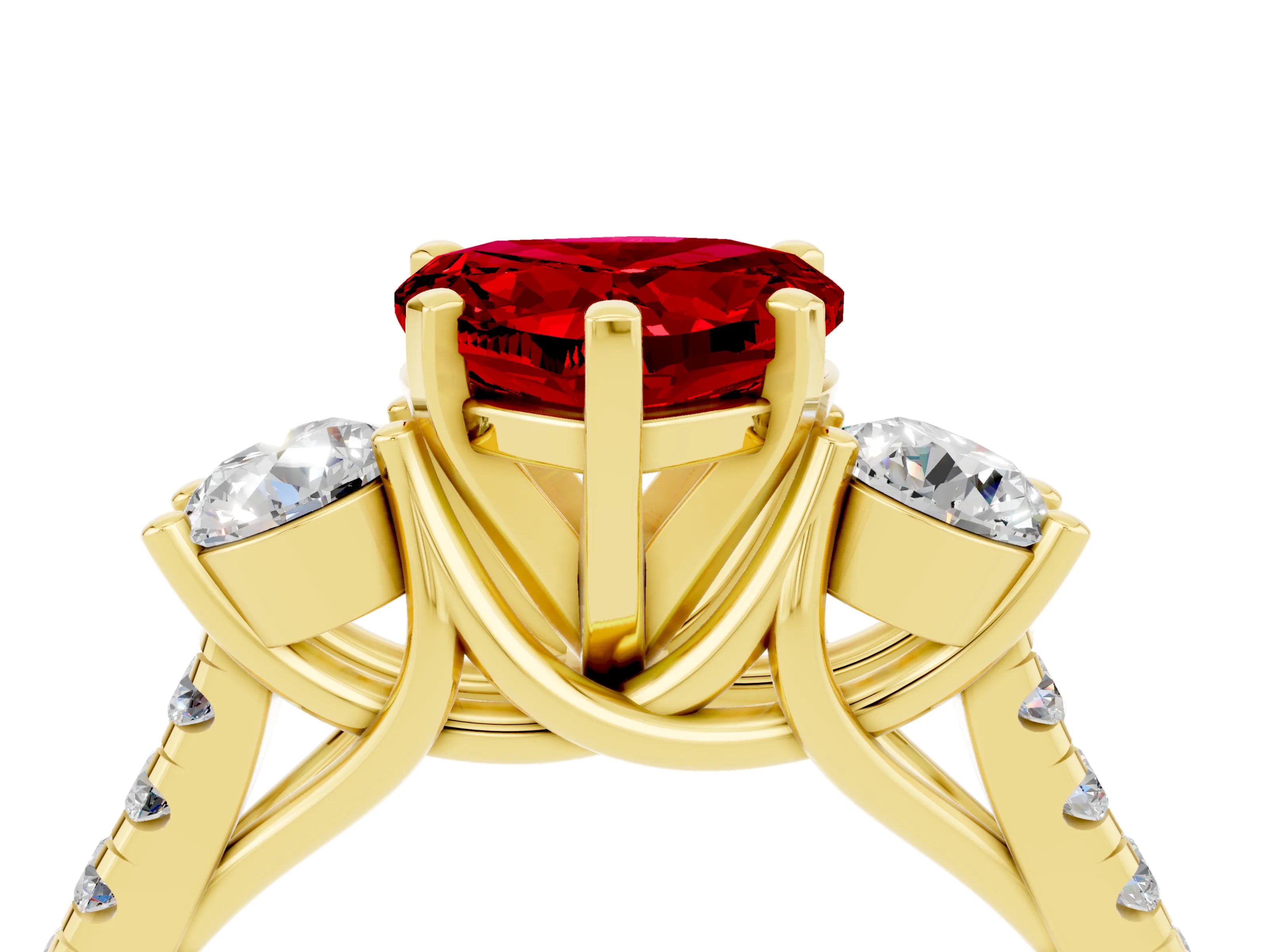 Yellow gold Three-Stone Heart Cut Ruby Pavé Band with Four-Prong Setting_4
