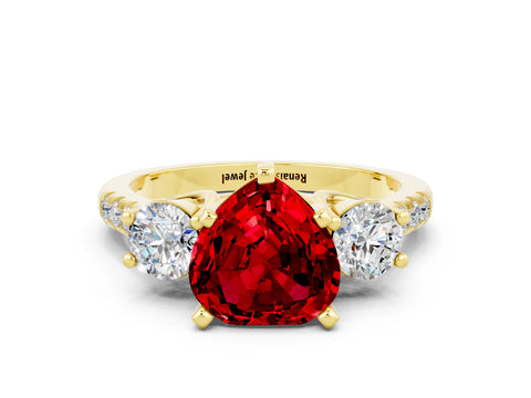Yellow gold Three-Stone Heart Cut Ruby Pavé Band with Four-Prong Setting