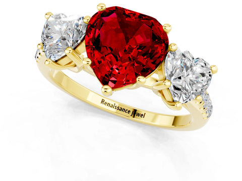 Yellow gold Three-Stone Heart Cut Ruby Ring with Pavé Band and Prong Setting_13