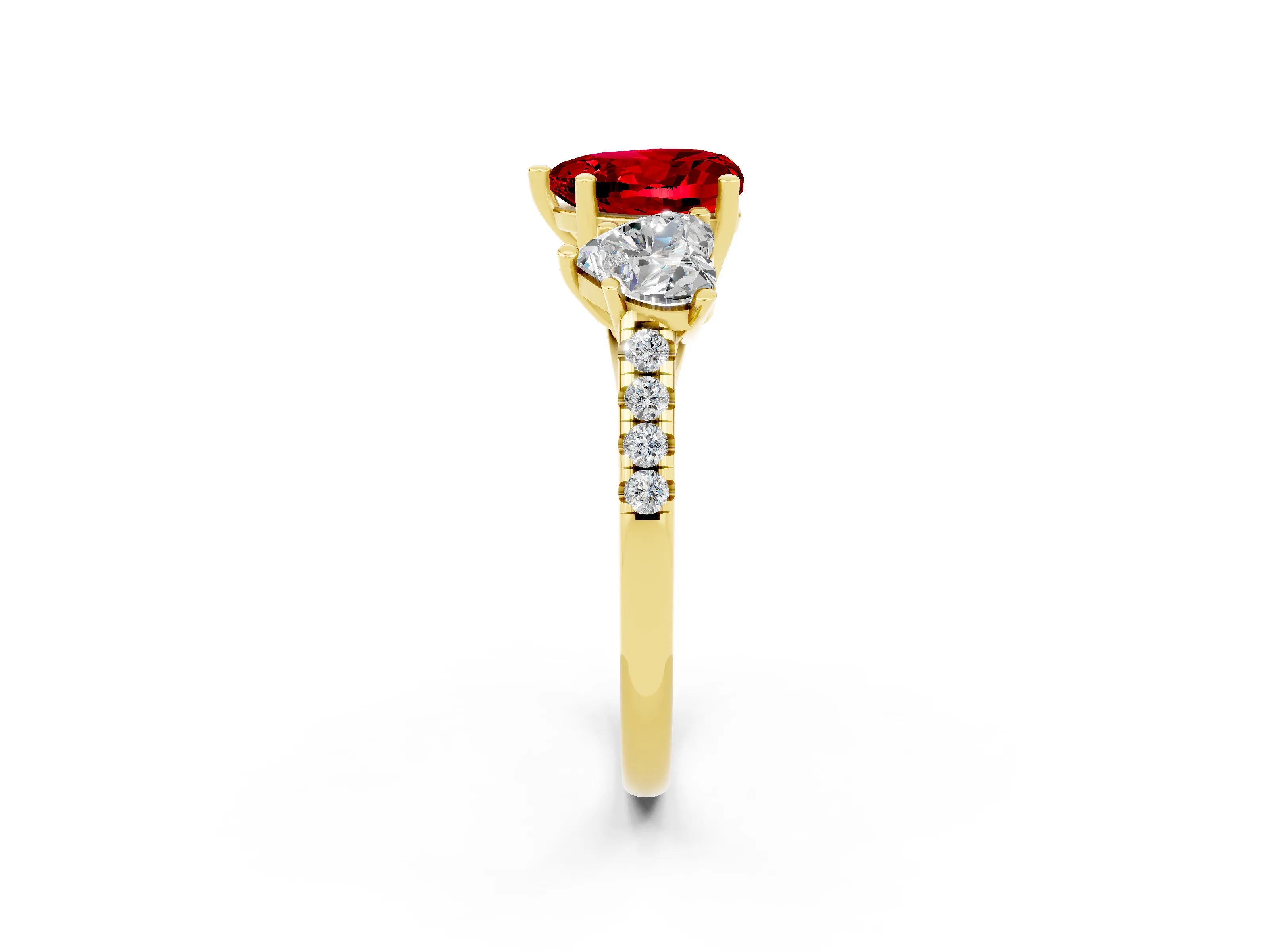Yellow gold Three-Stone Heart Cut Ruby Ring with Pavé Band and Prong Setting_14