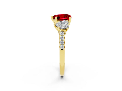 Yellow gold Three-Stone Heart Cut Ruby Ring with Pavé Band and Prong Setting_14