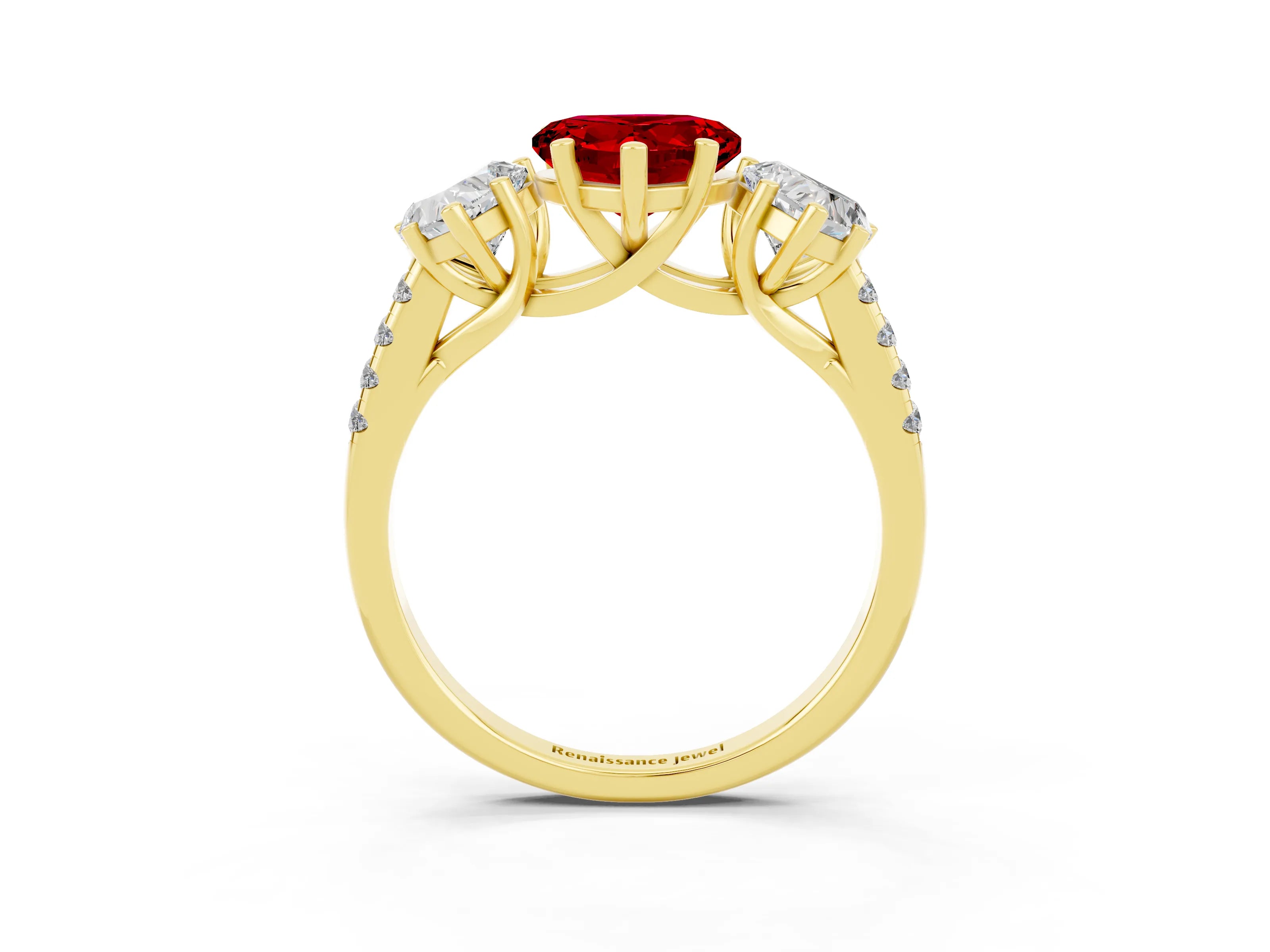 Yellow gold Three-Stone Heart Cut Ruby Ring with Pavé Band and Prong Setting_15