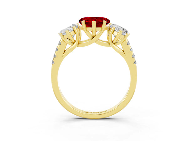 Yellow gold Three-Stone Heart Cut Ruby Ring with Round  Pavé Band and Prong Setting