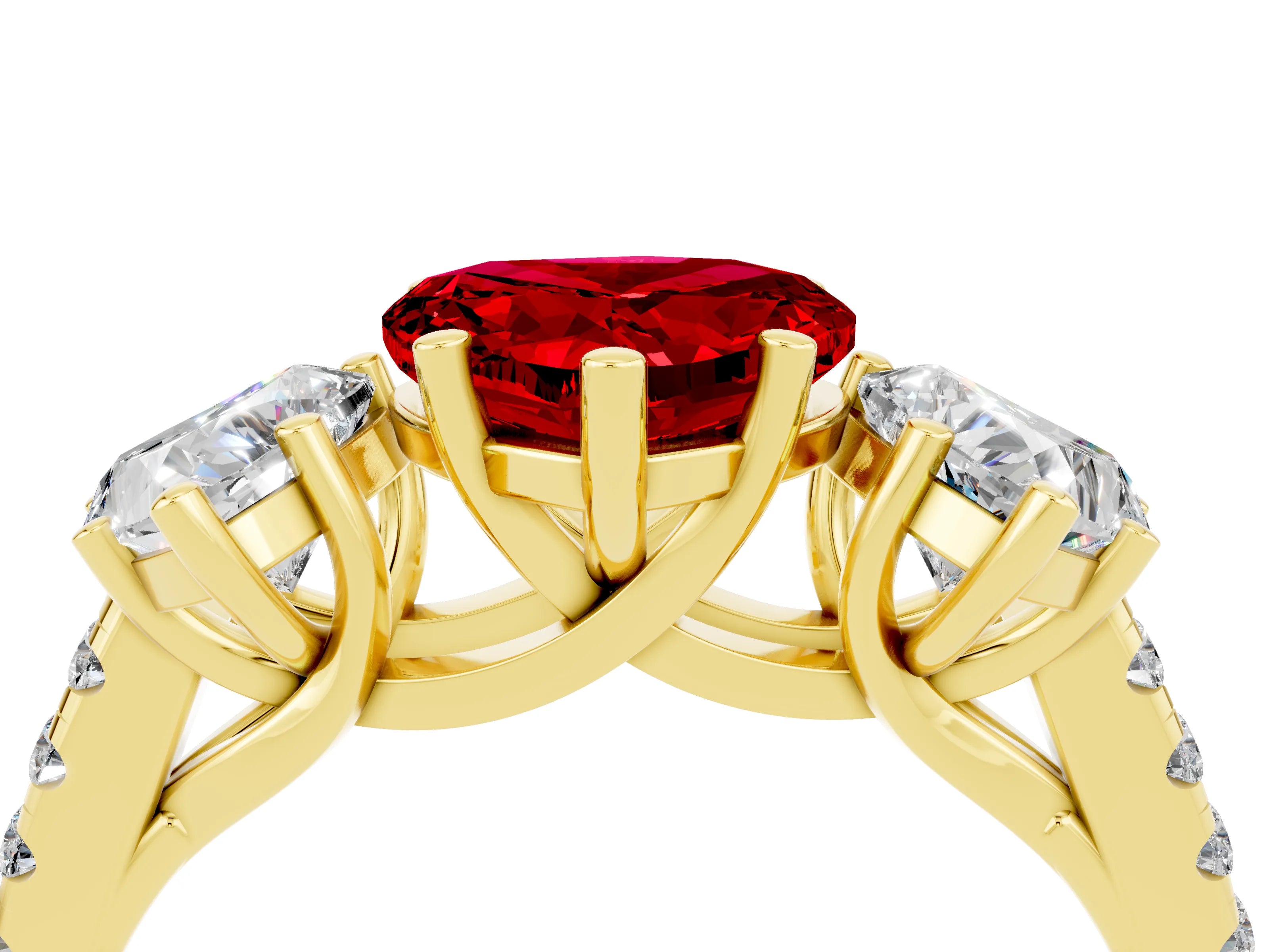 Yellow gold Three-Stone Heart Cut Ruby Ring with Pavé Band and Prong Setting_16