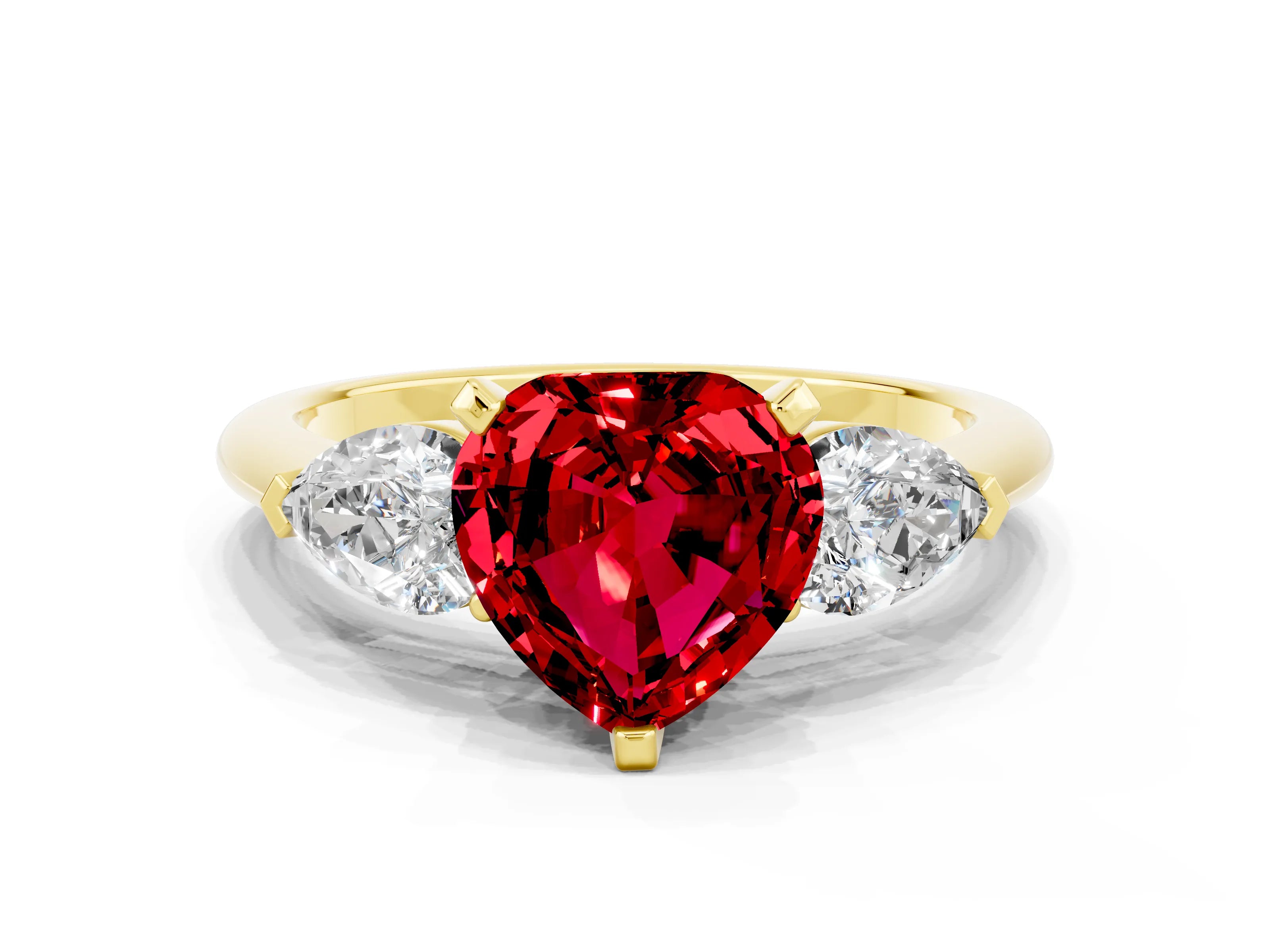 Yellow gold Three-Stone Heart Cut Ruby Ring with Pear Side Stones and Four-Prong Setting