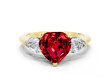 Yellow gold Three-Stone Heart Cut Ruby Ring with Pear Side Stones and Four-Prong Setting